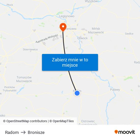 Radom to Bronisze map