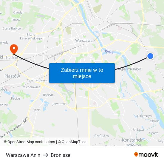 Warszawa Anin to Bronisze map