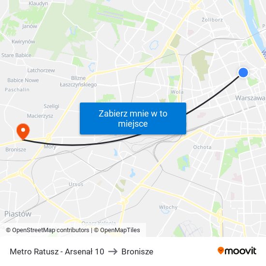 Metro Ratusz - Arsenał 10 to Bronisze map