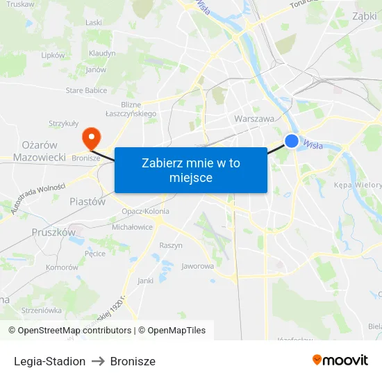Legia - Stadion to Bronisze map