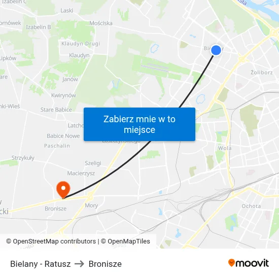 Bielany - Ratusz to Bronisze map