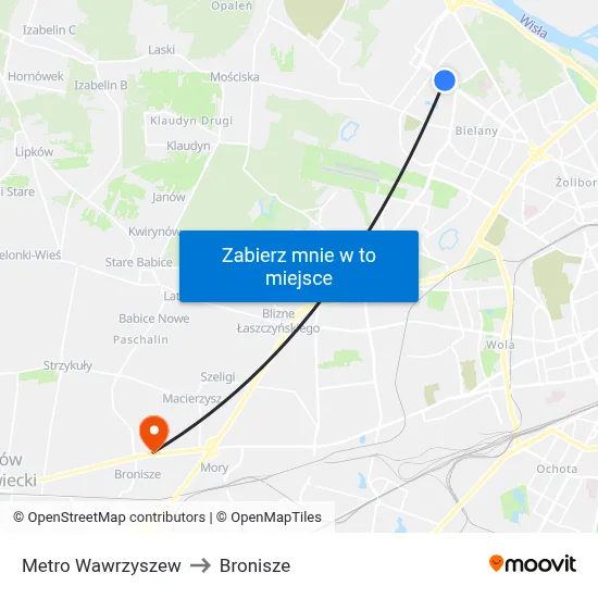 Metro Wawrzyszew to Bronisze map