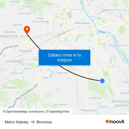 Metro Kabaty to Bronisze map