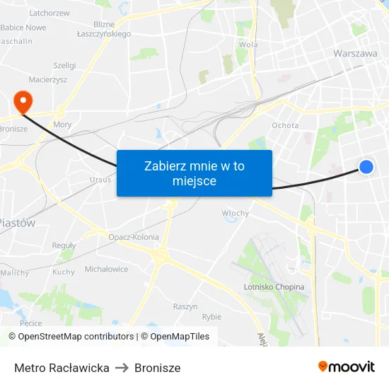 Metro Racławicka to Bronisze map