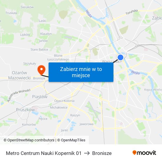 Metro Centrum Nauki Kopernik to Bronisze map