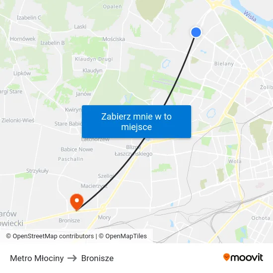 Metro Młociny to Bronisze map
