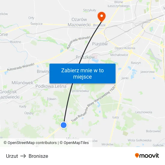 Urzut to Bronisze map