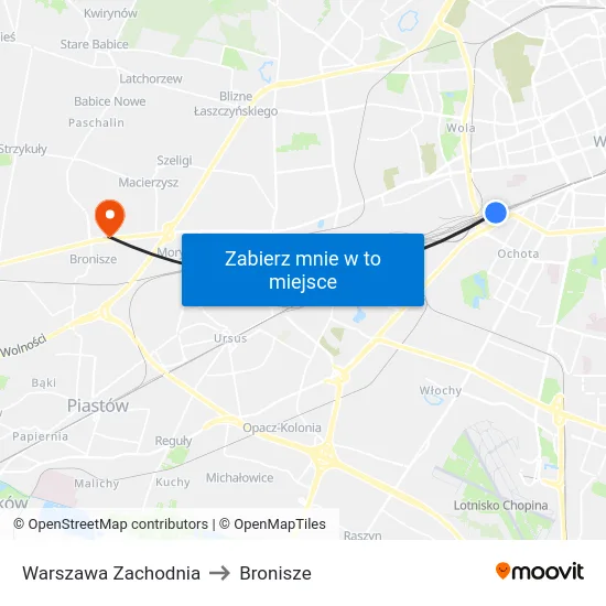 Warszawa Zachodnia to Bronisze map
