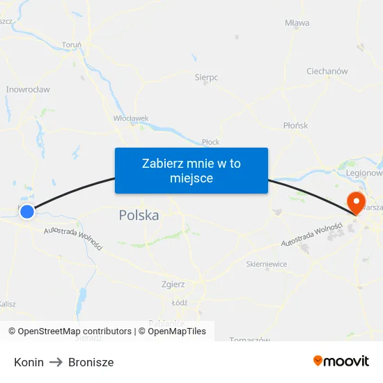 Konin to Bronisze map