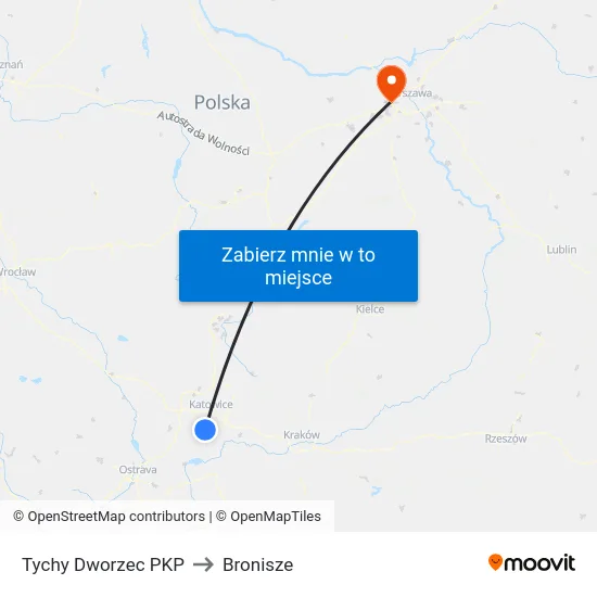 Tychy Dworzec PKP to Bronisze map