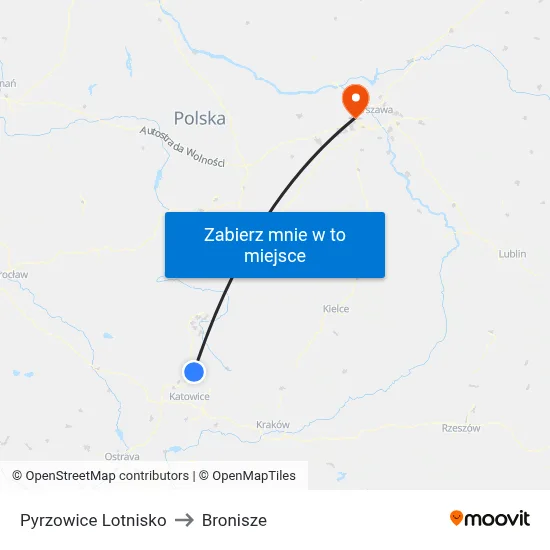 Pyrzowice Lotnisko to Bronisze map