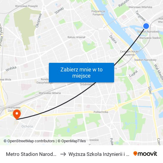 Metro Stadion Narodowy 11 to Wyższa Szkoła Inżynierii i Zdrowia map