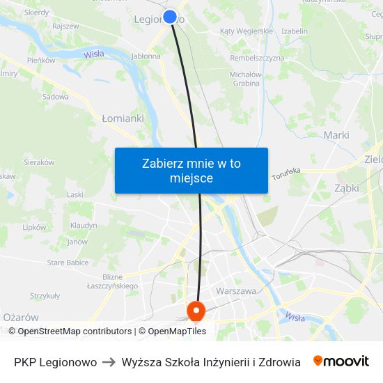 PKP Legionowo to Wyższa Szkoła Inżynierii i Zdrowia map