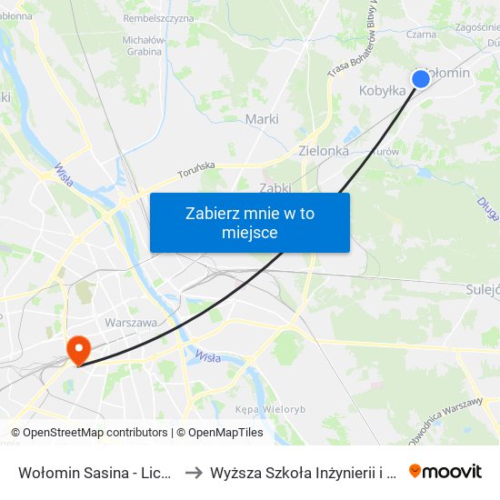 Wołomin Sasina - Liceum 01 to Wyższa Szkoła Inżynierii i Zdrowia map