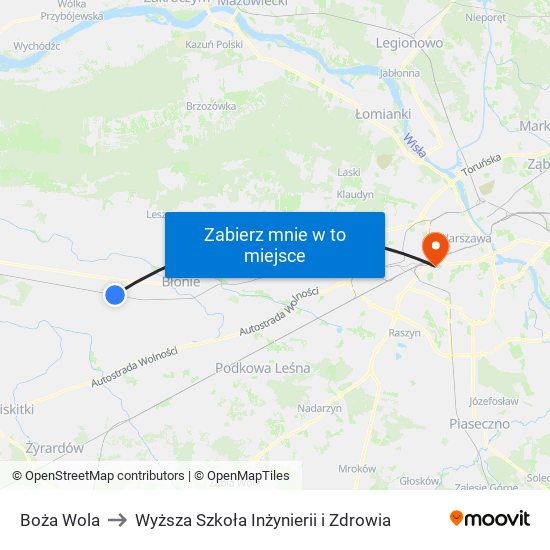 Boża Wola to Wyższa Szkoła Inżynierii i Zdrowia map