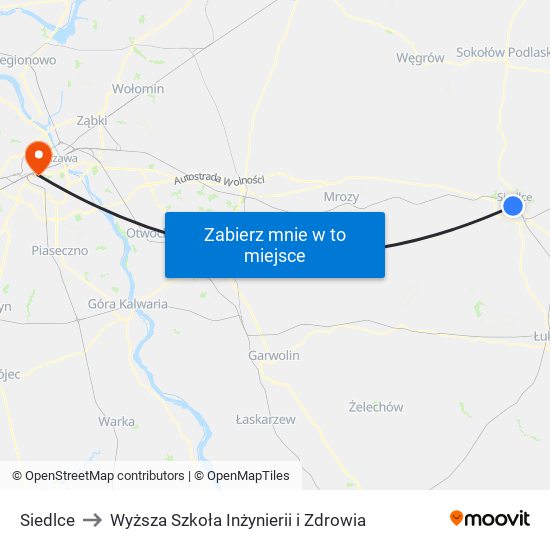 Siedlce to Wyższa Szkoła Inżynierii i Zdrowia map