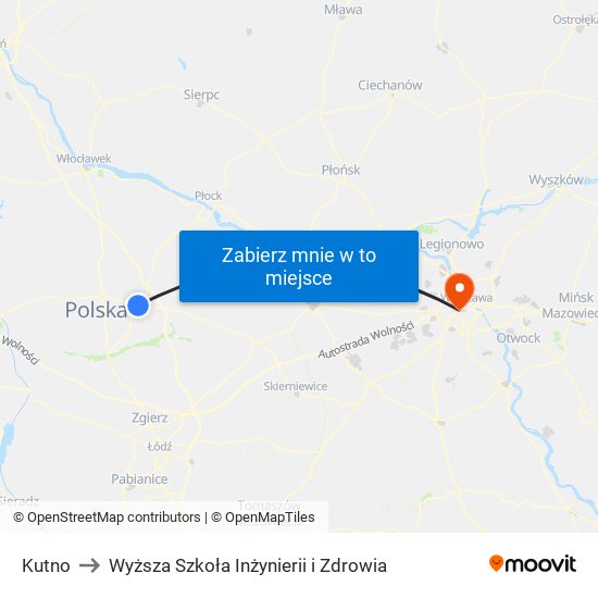 Kutno to Wyższa Szkoła Inżynierii i Zdrowia map