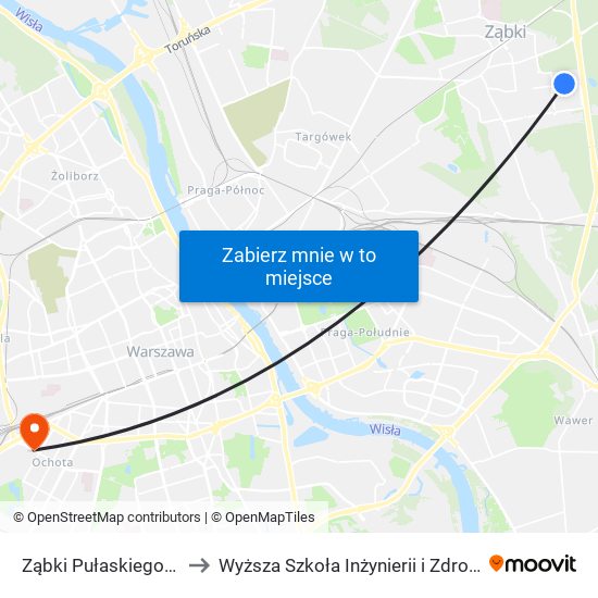 Ząbki Pułaskiego 01 to Wyższa Szkoła Inżynierii i Zdrowia map