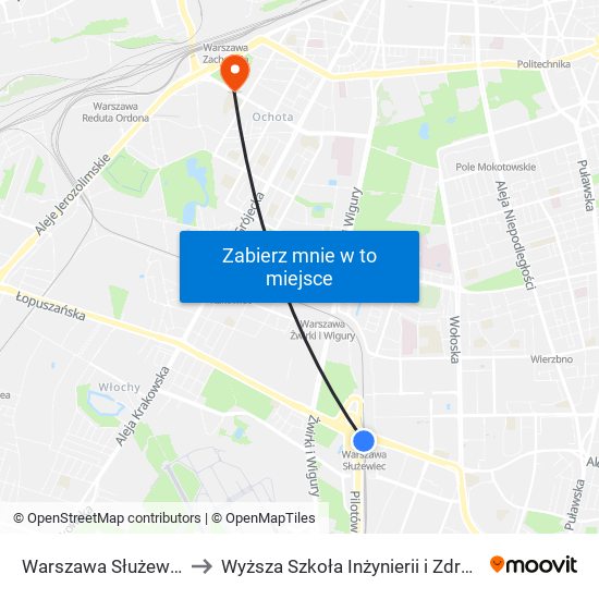 Warszawa Służewiec to Wyższa Szkoła Inżynierii i Zdrowia map