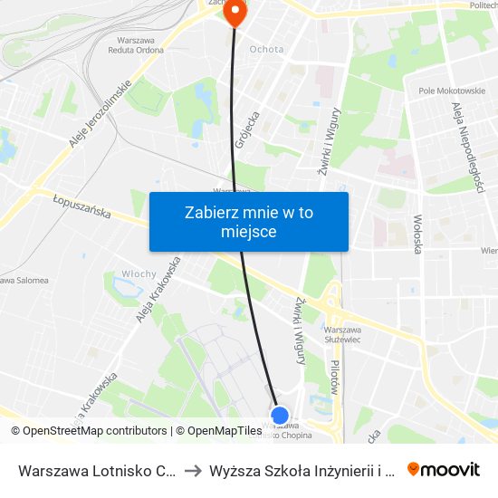 Warszawa Lotnisko Chopina to Wyższa Szkoła Inżynierii i Zdrowia map