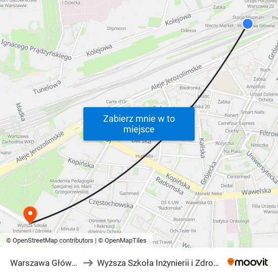 Warszawa Główna to Wyższa Szkoła Inżynierii i Zdrowia map