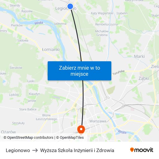 Legionowo to Wyższa Szkoła Inżynierii i Zdrowia map