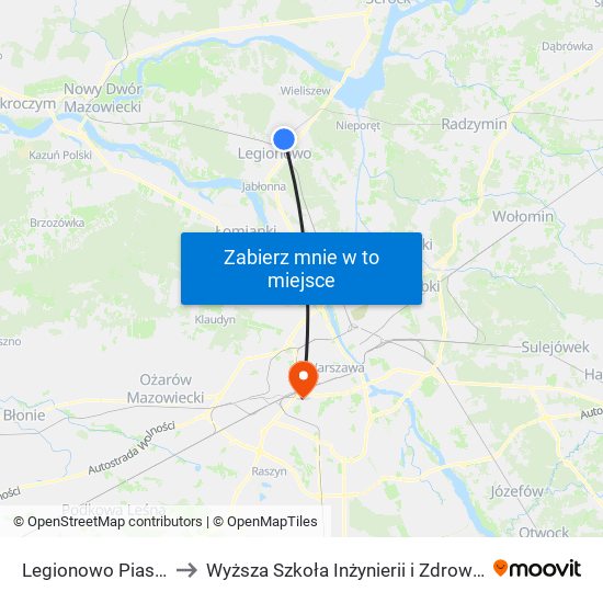 Legionowo Piaski to Wyższa Szkoła Inżynierii i Zdrowia map