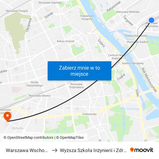 Warszawa Wschodnia to Wyższa Szkoła Inżynierii i Zdrowia map