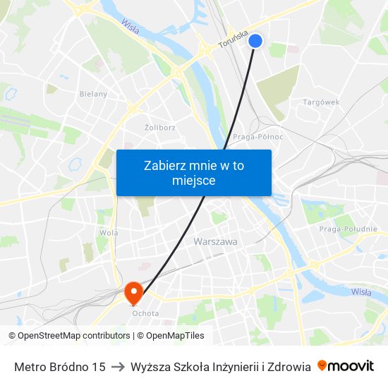 Metro Bródno 15 to Wyższa Szkoła Inżynierii i Zdrowia map