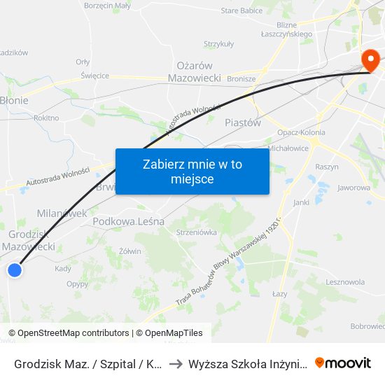 Grodzisk Maz. / Szpital / Kołłątaja 01 (Nż) to Wyższa Szkoła Inżynierii i Zdrowia map