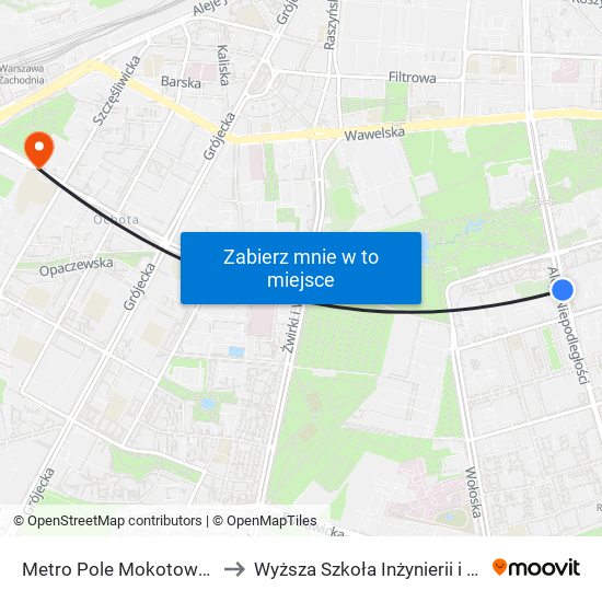 Metro Pole Mokotowskie 04 to Wyższa Szkoła Inżynierii i Zdrowia map