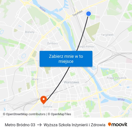 Metro Bródno to Wyższa Szkoła Inżynierii i Zdrowia map