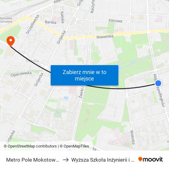 Metro Pole Mokotowskie 03 to Wyższa Szkoła Inżynierii i Zdrowia map