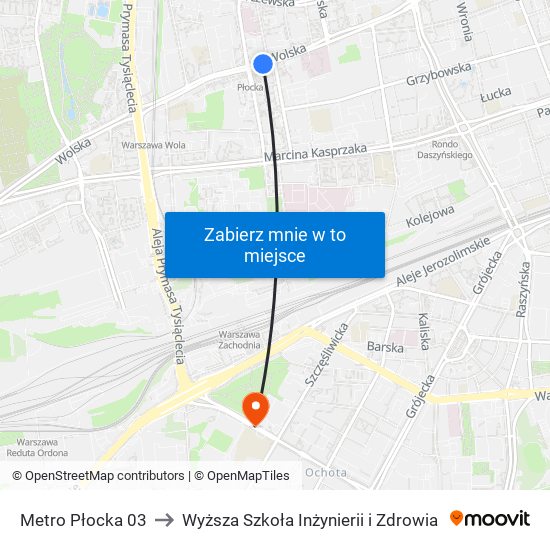 Metro Płocka 03 to Wyższa Szkoła Inżynierii i Zdrowia map