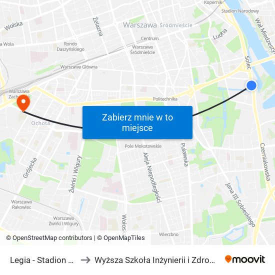 Legia-Stadion to Wyższa Szkoła Inżynierii i Zdrowia map