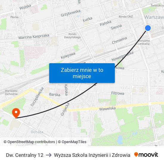 Dw. Centralny to Wyższa Szkoła Inżynierii i Zdrowia map