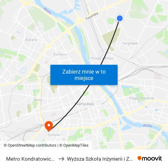 Metro Kondratowicza 01 to Wyższa Szkoła Inżynierii i Zdrowia map