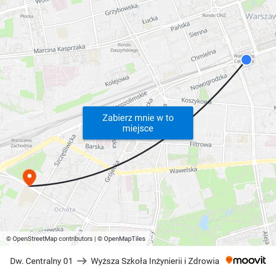 Dw. Centralny to Wyższa Szkoła Inżynierii i Zdrowia map