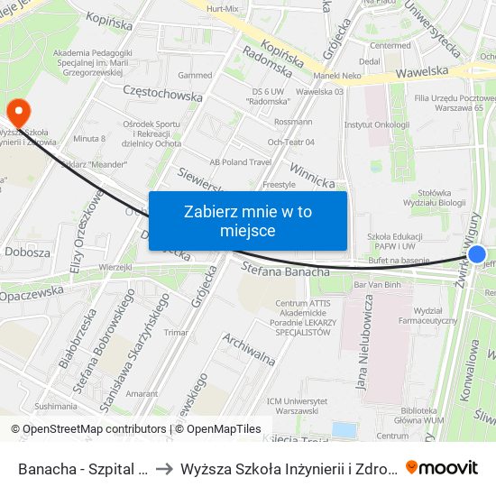 Banacha - Szpital 02 to Wyższa Szkoła Inżynierii i Zdrowia map