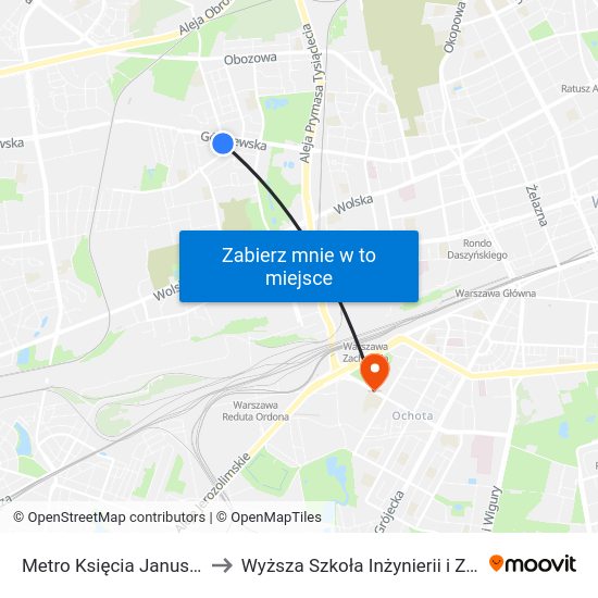 Metro Księcia Janusza 03 to Wyższa Szkoła Inżynierii i Zdrowia map