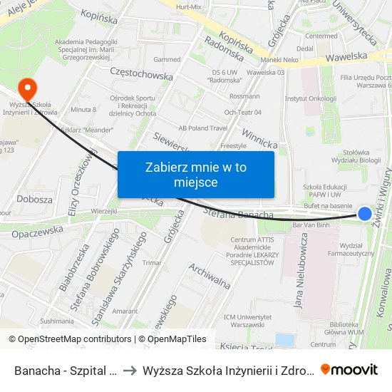 Banacha - Szpital 04 to Wyższa Szkoła Inżynierii i Zdrowia map