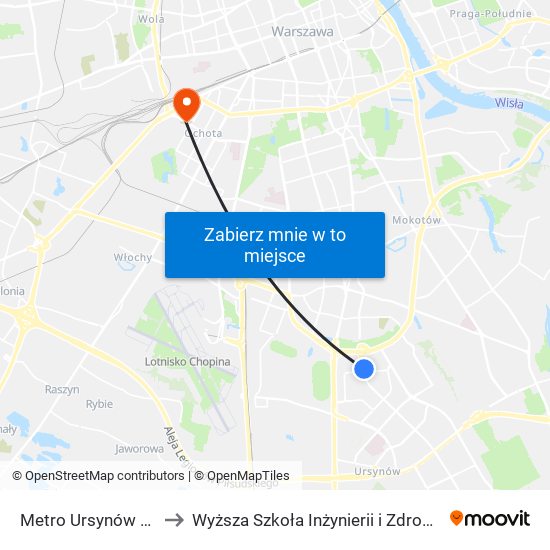 Metro Ursynów 02 to Wyższa Szkoła Inżynierii i Zdrowia map