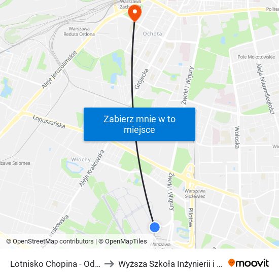 Lotnisko Chopina - Odloty 01 to Wyższa Szkoła Inżynierii i Zdrowia map