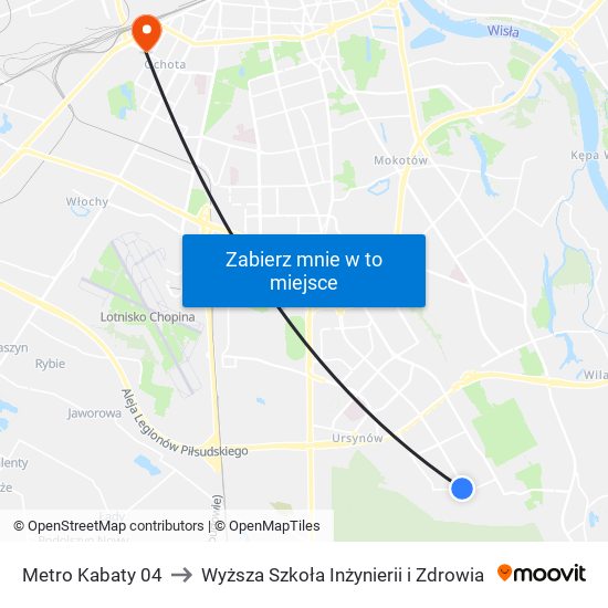 Metro Kabaty 04 to Wyższa Szkoła Inżynierii i Zdrowia map