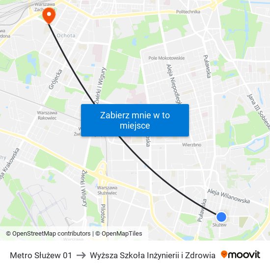 Metro Służew 01 to Wyższa Szkoła Inżynierii i Zdrowia map