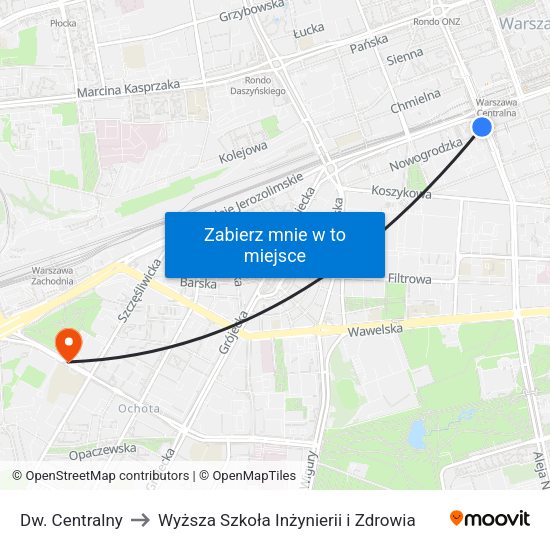 Dw. Centralny to Wyższa Szkoła Inżynierii i Zdrowia map