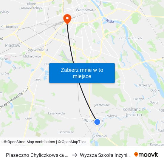 Piaseczno Chyliczkowska - Technikum 01 to Wyższa Szkoła Inżynierii i Zdrowia map