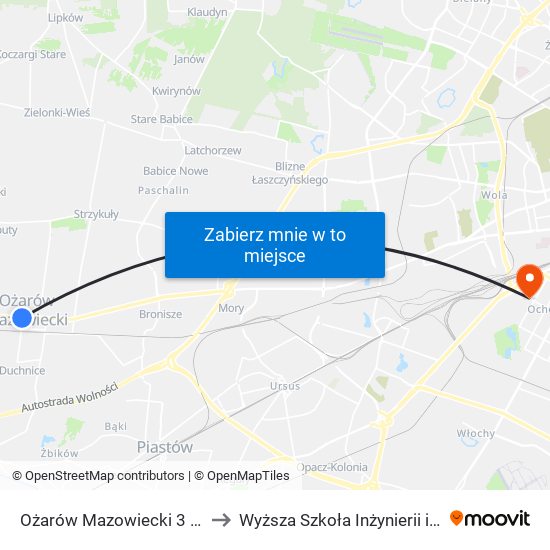 Ożarów Mazowiecki 3 Maja 01 to Wyższa Szkoła Inżynierii i Zdrowia map