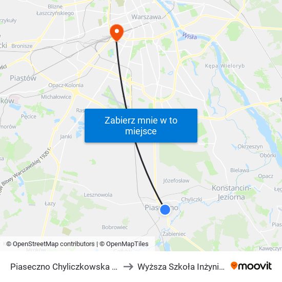 Piaseczno Chyliczkowska - Technikum 03 to Wyższa Szkoła Inżynierii i Zdrowia map