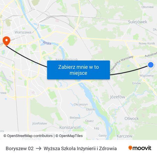 Stefanówka Boryszew to Wyższa Szkoła Inżynierii i Zdrowia map